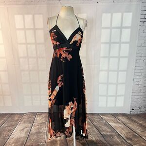White House Black Market NWT Black Floral Halter Mesh High Low Dress Size 0